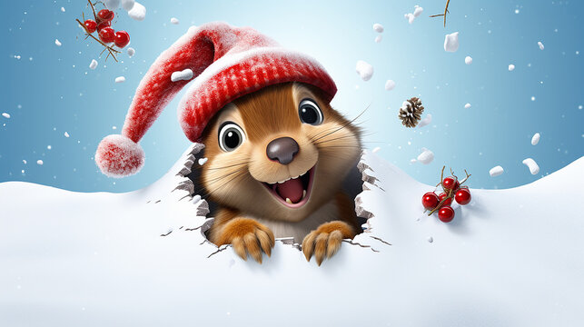 Buraco 3D na parede de neve com um esquilo fofo e brincalhão usando um chapéu de Papai Noel em uma cena de Natal no Pólo Norte