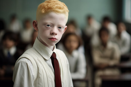 Generative AI illustration of portrait young boy with albinism stands out in a classroom setting his unique features highlighted amongst his peers