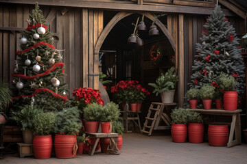 a selection of christmas trees and potted plants on made with AI