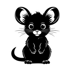 Black and white vector graphic of a cartoon mouse with big eyes and a friendly smile.