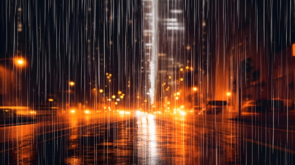 Naklejka premium Rainy midnight composition, yellow light tail rain and traffic light reflections in a metropolitan city, black mood and warm lights