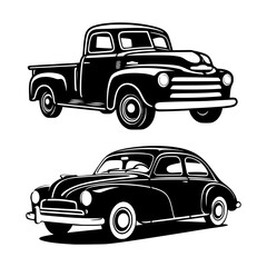 Two black and white vector illustrations of a classic sedan and a vintage pickup truck.