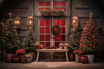 Fototapeta na wymiar a selection of christmas trees and potted plants on made with AI