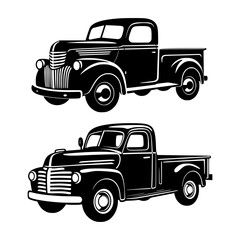 Two black silhouettes of a vintage pickup truck, perfect for retro-themed designs. Vector Illustration