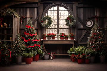 Fototapeta na wymiar a selection of christmas trees and potted plants on made with AI
