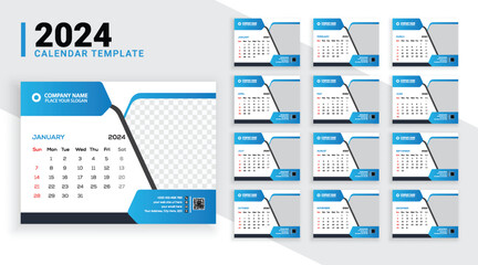 Modern 12 pages desk calendar template for the year 2024 with abstract gradient shapes and an image placeholder