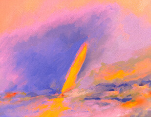 Neon Orange Sunset or Sunrise Sailboat - Modern Impressionistic, Vivid Vibrant Bright Color Scheme Art, Digital Painting, Artwork, Design, Illustration