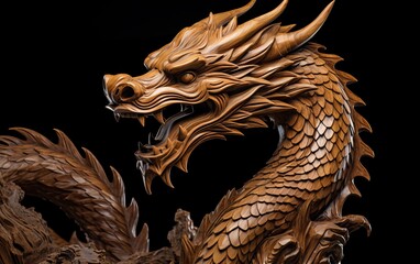 Wooden Chinese dragon symbol of the 2024 year: An artistic representation of a dragon from the Chinese zodiac carved from wood.