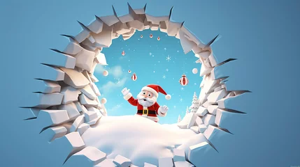 Foto op Canvas Buraco 3D na parede de neve com um Papai Noel fofo e brincalhão usando um chapéu de Papai Noel em uma cena de Natal no Pólo Norte © Alexandre