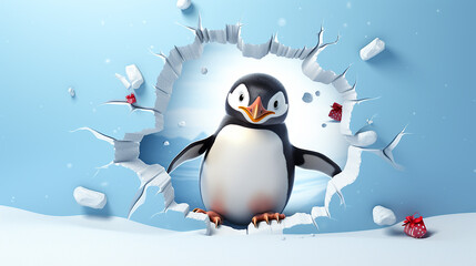 Obraz premium Buraco 3D na parede de neve com um Pinguim fofo e brincalhão usando um chapéu de Papai Noel em uma cena de Natal no Pólo Norte