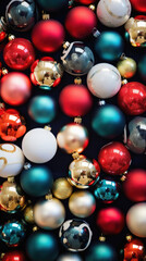 Colorful christmas ornaments on a black background. Christmas background.