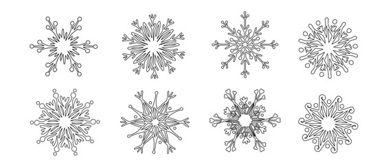Set of various doodle winter snowflakes.Vector graphics.