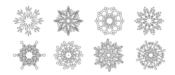 Set of various doodle winter snowflakes.Vector graphics.