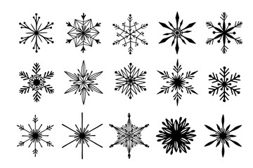 Set of various doodle winter snowflakes.Vector graphics.