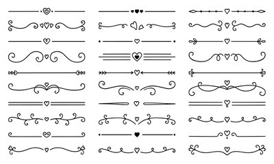 Text dividers with hearts doodle set. Wedding decorative elements. Divider ornament, borders, lines. Hand drawn vector illustration isolated on white background - obrazy, fototapety, plakaty