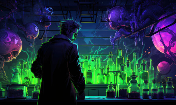 un scientifique fou dans son laboratoire fabrique des produits interdits - vu de dos - illustration