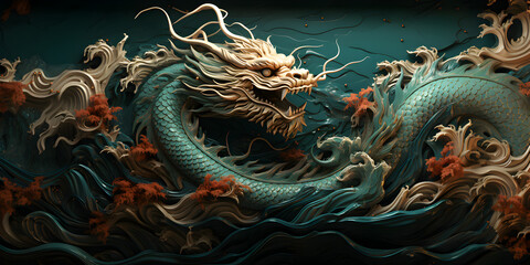 Chinese green and gold wooden texture dragon statue banner on the waves. Asian culture symbol of 2024 new year concept. © AnaWein