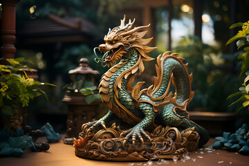 Fototapeta premium Chinese green and gold wooden dragon statue on the table in the garden. Asian culture symbol of 2024 new year concept.