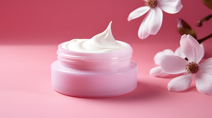 Isolated Beauty Skin Care Elegance in a Pink Oasis with Delicate Flower Touch. Generative AI