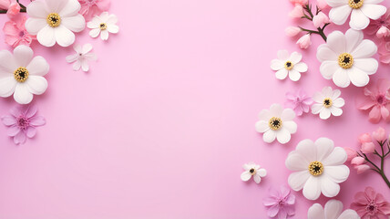 white and pink flowers on pink background. top view.