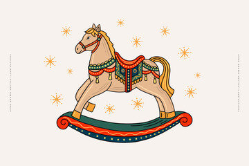Colorful rocking horse with stars. Vintage children's toy. Design element for New Year and Christmas decoration. Vector illustration on isolated background.