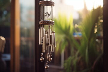 Rustic wind chimes hanging on a porch