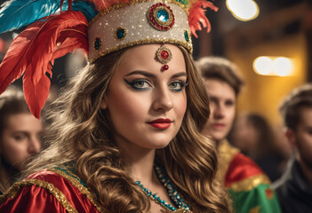 Fair maidens in fancy dress at women's carnival