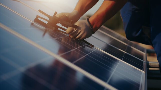 man worker fixes or mounting solar panels on the roof. detail shot. Sunlight, solar energy