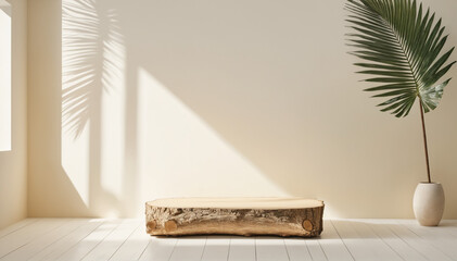 Simplistic Elegance: Sunlit Log Wood Podium Table with Palm Leaf Shadows on Cream White Background