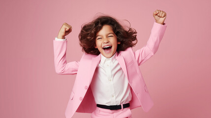 kids celebrating joy in pink strong facial expression, vibrant colorist, smooth and shiny - obrazy, fototapety, plakaty