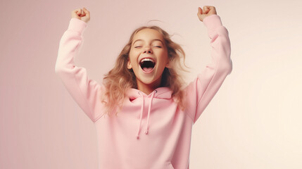 kids celebrating joy in pink, in the style of deconstructed tailoring, strong facial expression, vibrant colorist, smooth and shiny - obrazy, fototapety, plakaty