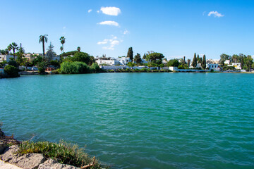 Fototapeta premium Panoramic view of ancient ruins with thermal baths, archaeological site in Carthage. Tunis, Tunisia 