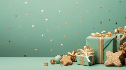 Christmas and New Year pastel green background with gift boxes and stars.