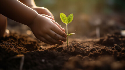 Child planting and caring for a young tree - obrazy, fototapety, plakaty