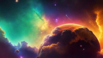 Nebula and lost planet. Gas cloud. Cosmic art. Galactic art. 4K - 8K - 12K TV. Generative AI. - obrazy, fototapety, plakaty
