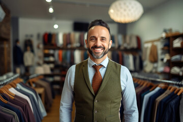 Fototapeta premium portrait of mixed race man standing in his cloth store wearing a vest and smiling.