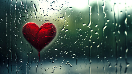 a heart on a wet glass with raindrops, symbolising love