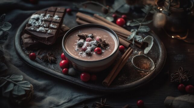 From above, close up on a tray, an aromatic and beautiful image of hot chocolate with decorative and tasty additions