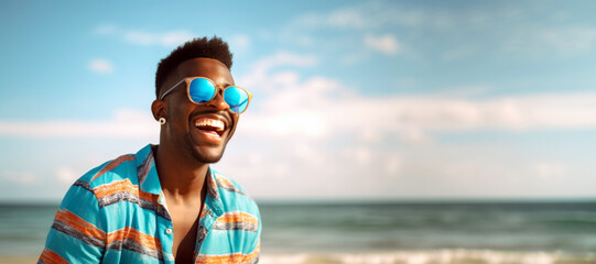Portrait of a happy laughing black man on beach with sunglasses smiling and laughing on summer holiday vacation travel lifestyle freedom fun.