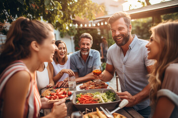 Happy family celebrating at summer party outdoor. Group of people with different ages and ethnicity having fun together outside. Friendship and celebration concept, people for barbecue