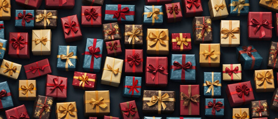 Top view of colorful gift boxes on black background. Christmas, birthday or other celebration concept.