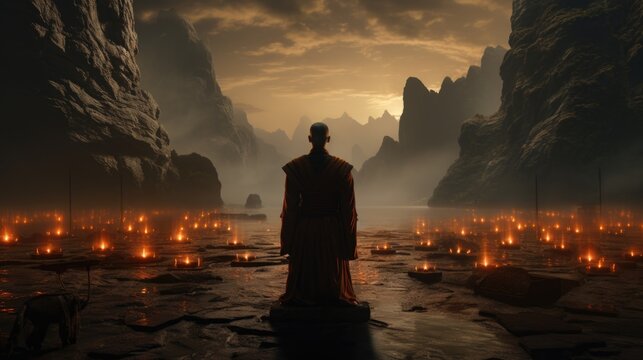 China young female shaolin asia monk in monastery. Spiritual development tranquility, yin yang balance, ascetic, Buddhist monastery, novices Shaolin Temple.