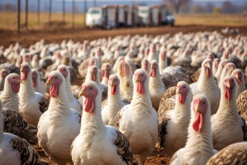 Many turkeys waiting to be fed at a farm - obrazy, fototapety, plakaty