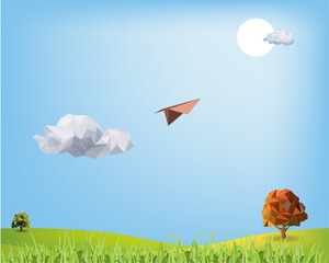 Airplane go to target with green grass and blue sky background template texture vector, low poly design