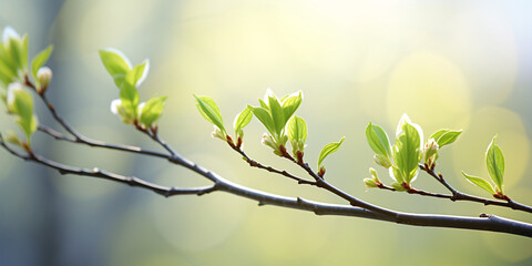 tender green shoots and buds unfurling on spring branches, basking in the golden light, with the park's landscape melting into a watercolor blur behind them