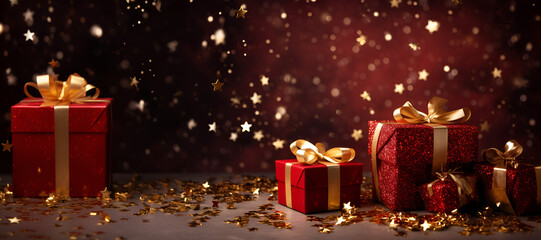 Red Christmas Presents with Gold Ribbons and Sparkling Gold Confetti - Black Friday Gifts