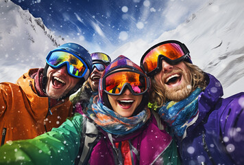 Group of cheerful friends on winter holidays. Skiers having fun on the snow and making selfie.