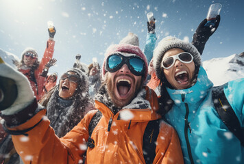 Group of cheerful friends on winter holidays. Skiers having fun on the snow and making selfie. - obrazy, fototapety, plakaty