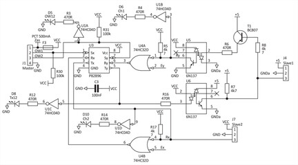 Technical schematic diagram of electronic device.
Vector drawing electrical circuit with controller, 
led, integrated circuit, capacitor, resistor,
transistor, logic gate, other electronic components.