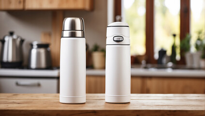 White thermos bottle at wooden table on blurry kitchen background, Backdrop with copy space - obrazy, fototapety, plakaty